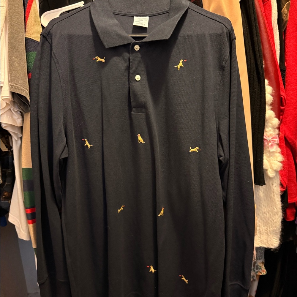 Brooks Brothers Navy Long-Sleeve Polo with Embroidered Dogs